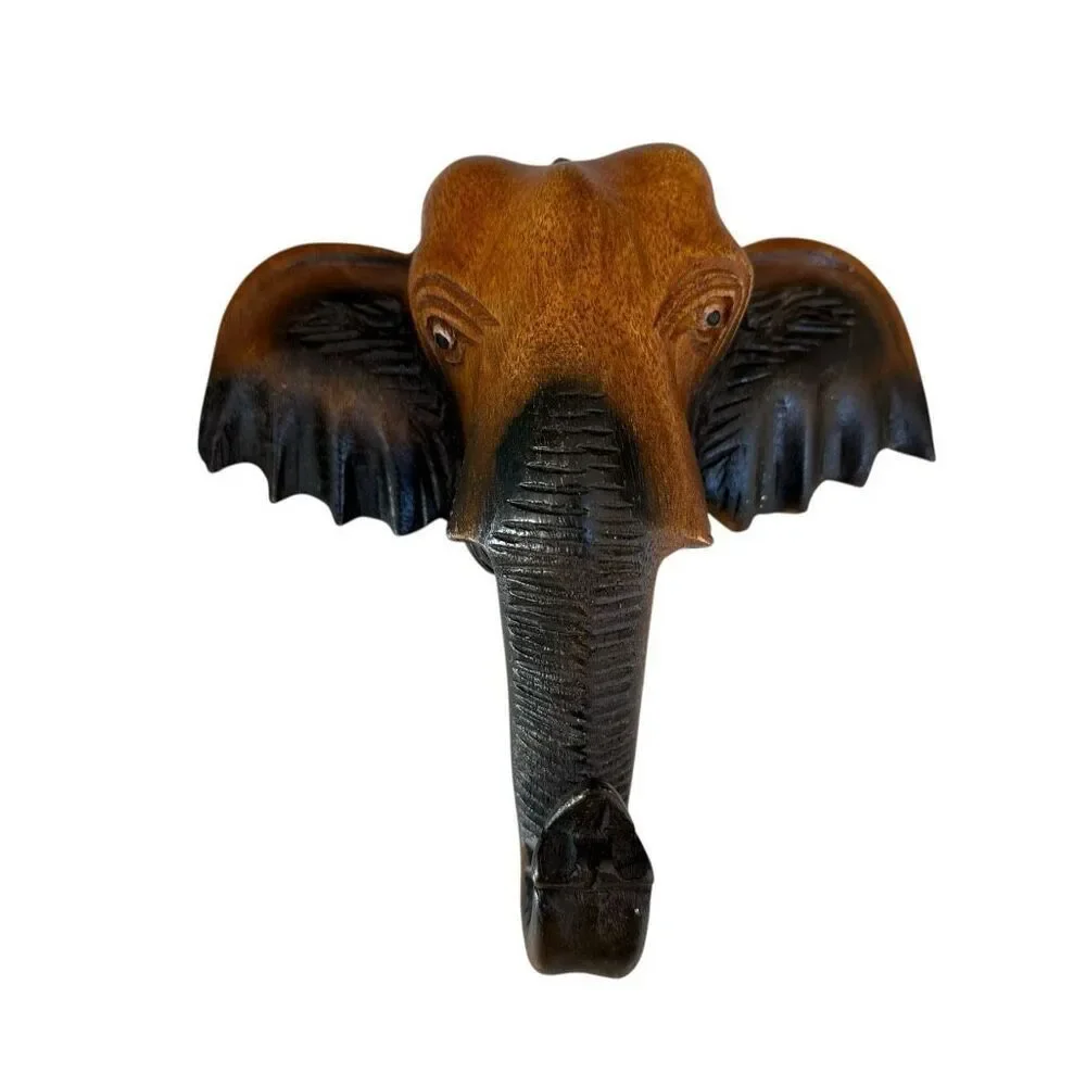 Elephant Head Thai Wood Carving Art Wall Home Decor 8”